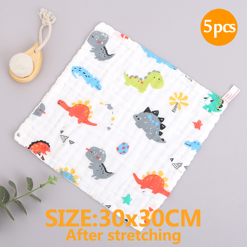 5Pcs Baby Towel Bath Towels Face Washcloth Muslin squares Cotton Hand Wipe Gauze for born Bathing Feeding Kids Handkerchief: 5 dinosaur