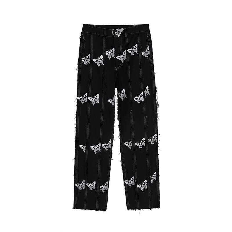 IEFB Men's Butterfly Reflective Print Tassel Harajuku Hip Hop Streetwear Black Jeans Trend Niche Denim Trousers 9Y6339: M