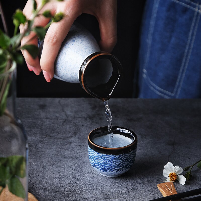 Household Sake Wineware Sea Ripple Ceramic Sake Cup Dispenser Liquor Cup Japanese Sake Shochu Kettle Set