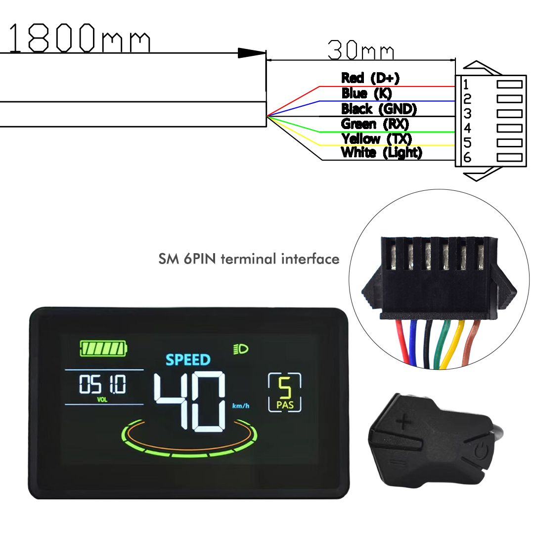 H6C Electric Bike Colorful LCD Display Meter 24V-60V SM/Waterproof Connection Plug Ebike intelligent Display With USB UART: light yellow