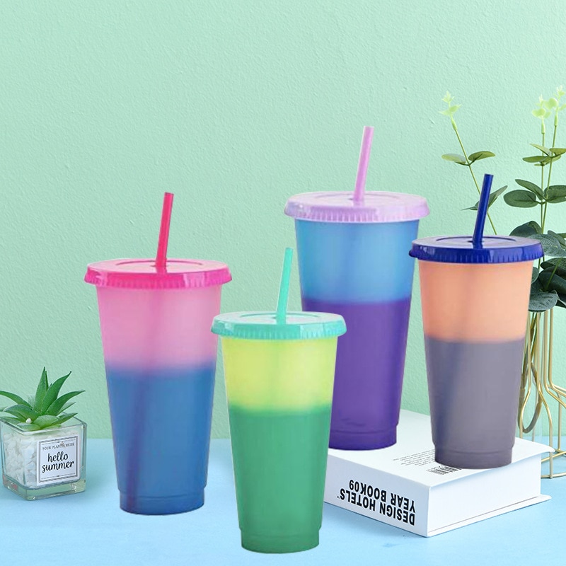Reusable Plastic Temperature Color Changing Cold Cup Summer Magic Coffee Thermochromic Mug Water Bottles With Straws Party Cups