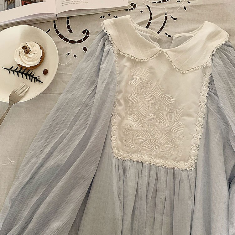 Vintage Embroidery White Cotton Women's Long Nightgowns Sweet Floral Sleepwear Female Spring Autumn Night Dress: Blue / XL