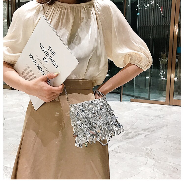 Luxe Zilveren Pailletten Strass Kwastje Vrouwen Kleine Schoudertassen Keten Elegante Dames Feestavond Clutch Purse