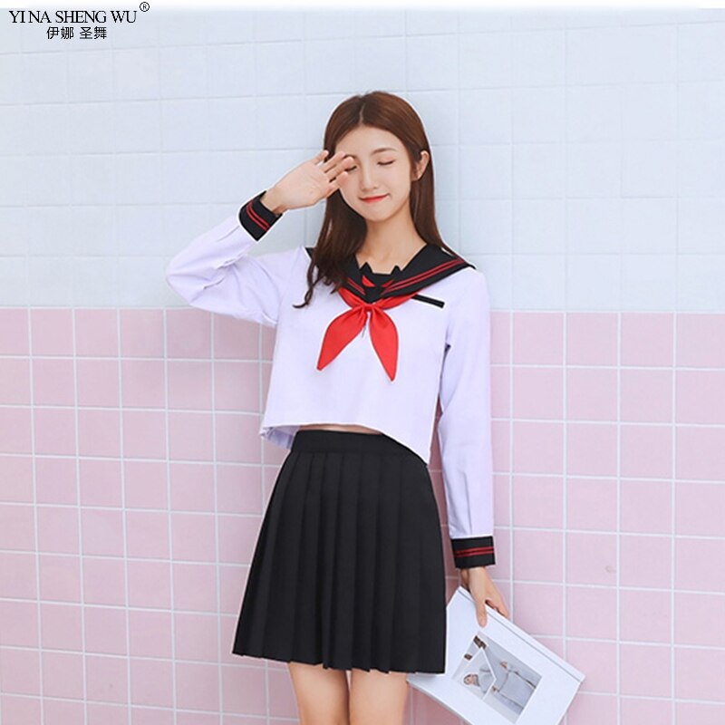 Japanese School JK Uniform For High School Girls Dark Devil Embroidery Sailor Suit Pleated Skirts Novelty JK Uniforms: Long Sleeve Set / L
