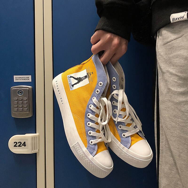 Luozheke herenschoenen zomer hoge canvas schoenen trend skateschoenen casual witte schoenen heren getijden studenten stoffen schoenen: Geel / 10