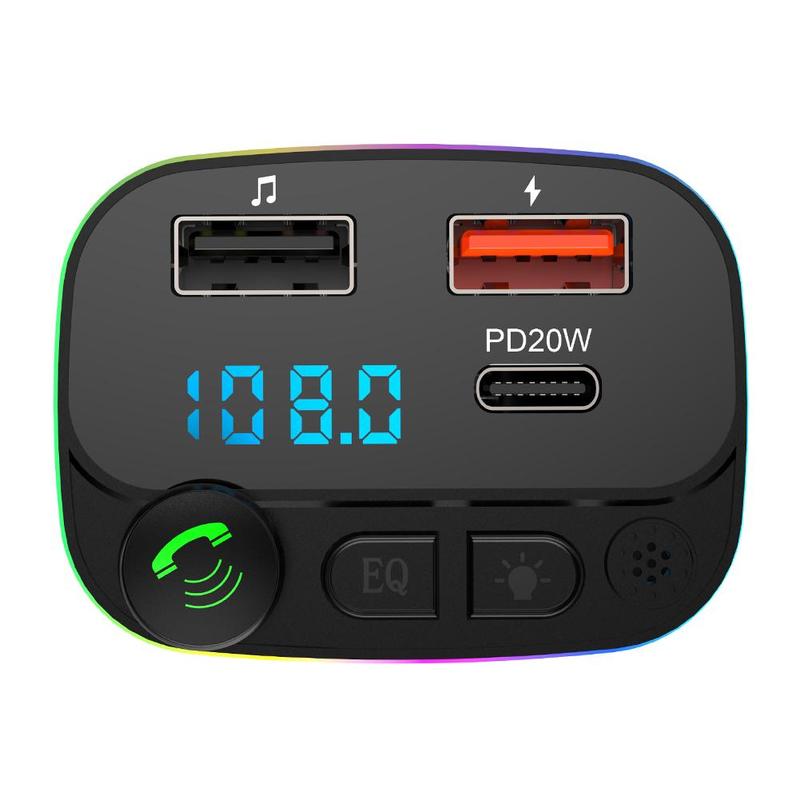 Bluetooth 5.0 FM Transmitter Suitable For Car QC3.0 PD 18W Wireless Radio Adapter Music Player Car Kit With Ambient Light