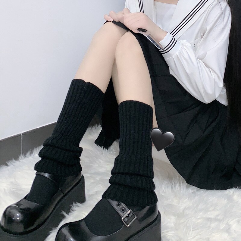 Japanese JK uniform Lolita style Slouch Socks Loose Boots Solid Color Knit Over Knee Leg Warmers Socks warming cover leg warm: black  A