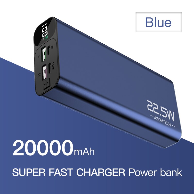 TOPZERO 20000mAh Power Bank PD QC 3.0 VOOC 22.5W Super Fast Charger Digital Display Portable Charger Powerbank For Mobile Phones: Blue