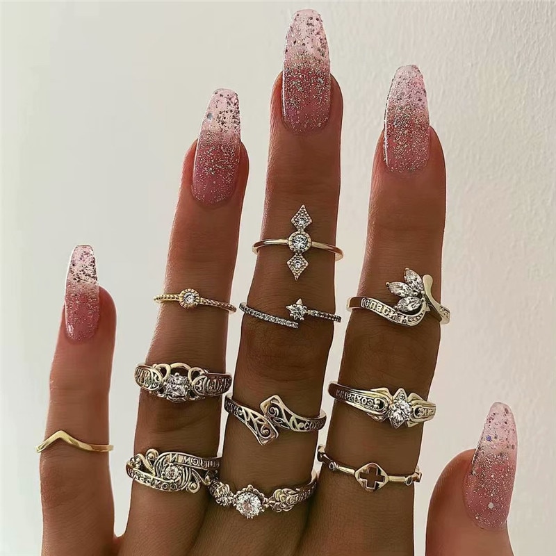 15 stks/set Vrouwen Mode Ringen Harten Fatima Handen Virgin Mary Cross Leaf Hollow Geometrische Crystal Ring Set Bruiloft Sieraden