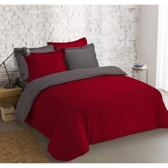 VISION Funda nórdica bicolor - 1 funda nórdica 240 x 260 cm + 2 fundas de almohada 65 x 65 cm - gris antracita y rojo