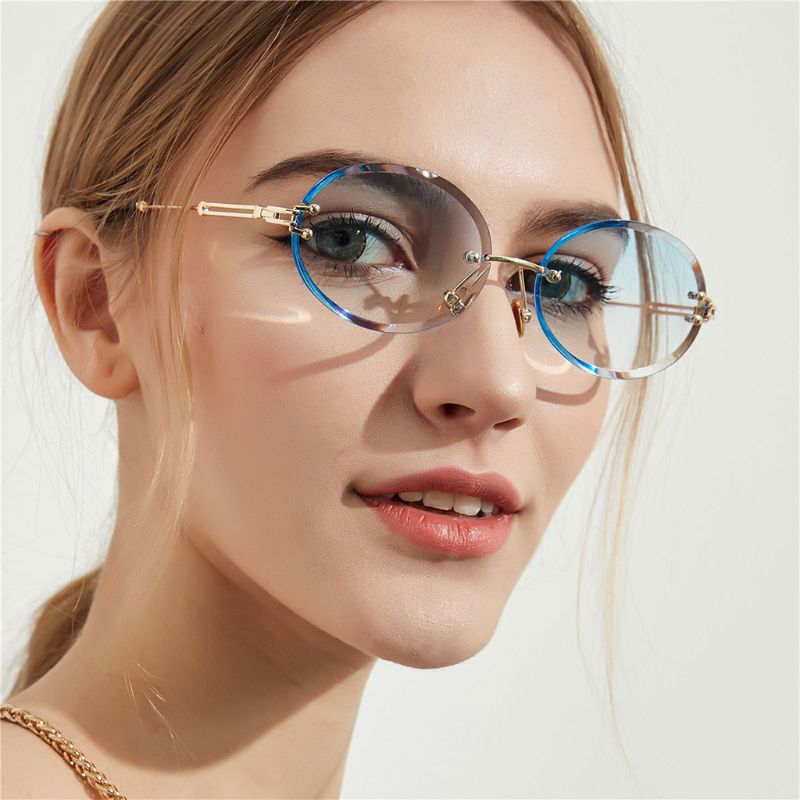 1 par diamantslebne retro ovale solbriller kvindelig krystal tekstur kantløse briller dame dekorativt tilbehør