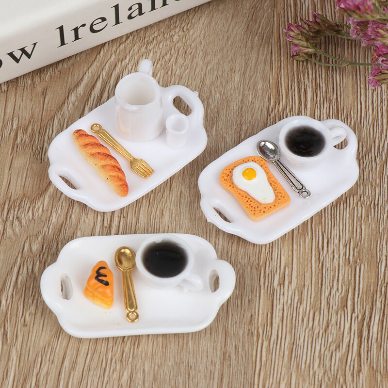 1:12 Dollhouse Miniatuur Ontbijt Sets Hamburger Croissant Toast Ei Koffie Met Lade Keuken Voedsel Accessoires