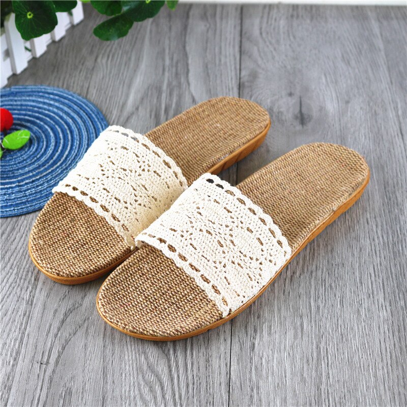 Suihyung mulher chinelos de linho 2021 novo verão cinto de renda sapatos interiores macio antiderrapante flip flops senhoras casual slides sandálias de linho: Branco / 6 (35-36)