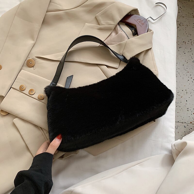femme sac fourre-tout nouvelle doux en peluche femmes sac à main de créateur couleur unie décontracté sac à aisselles sac de voyage: Black