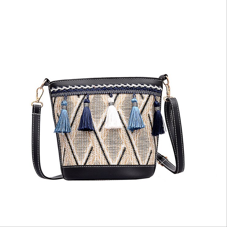 Bohemian Woven Handbag Straw Rattan Wicker Sling Bag Beach Casual Clutch: Black