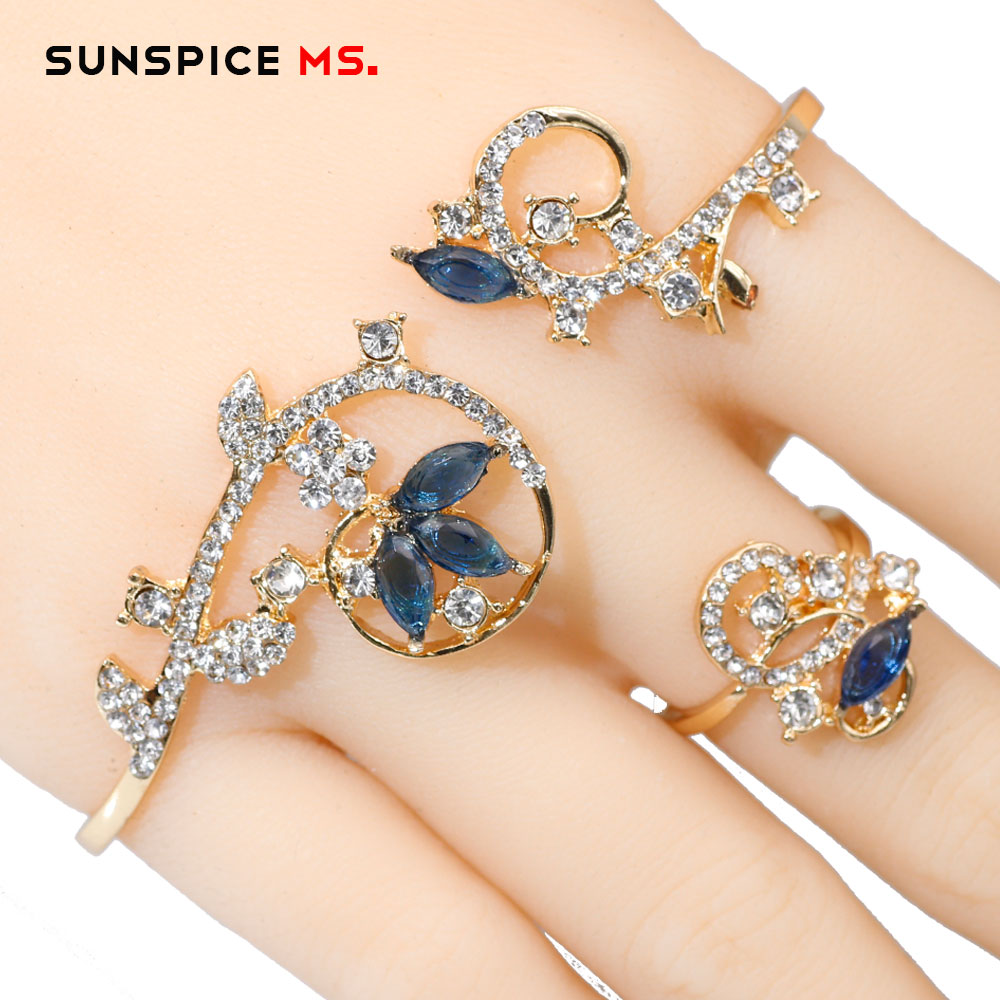 SUNSPICEMS Gold Color Palm Bangle With Ring Zircon Wedding Jewelry For Social Gatherings Senior Prom Flower Bracelet: LL091blue