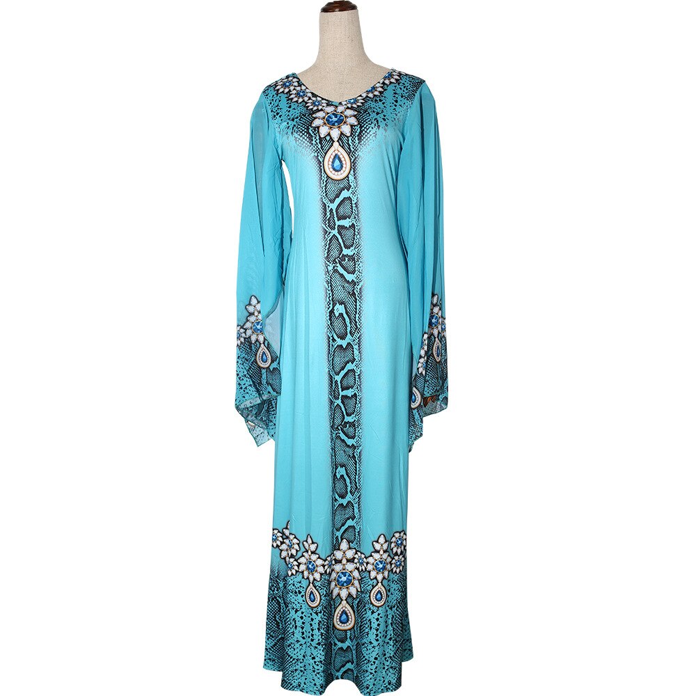 Printet maxi kjole med flare ærmer afrikansk kjortel dashiki ramadan kaftan løse kjoler abaya vkdr 2045