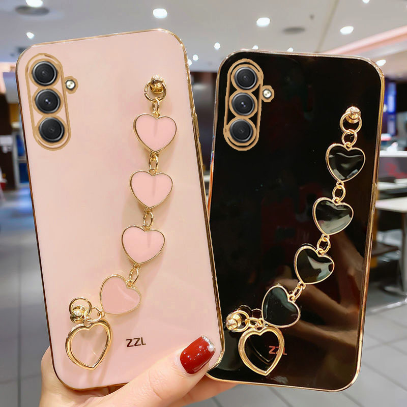 For Samsung Galaxy A15 4G A25 A35 A55 5G A05S Luxury Plating Love Heart Bracelet Chain Case On A 15 25 35 55 05 Soft Back Cover