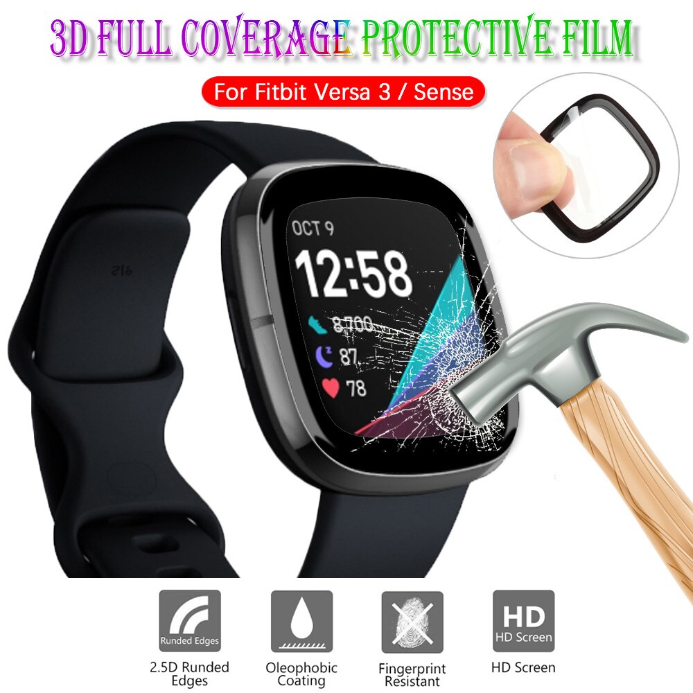 Película protectora 3D de cobertura completa para Fitbit Versa 2 3 Sense, Protector de pantalla de reloj inteligente, cristal de fibra suave transparente HD, 1 ud.