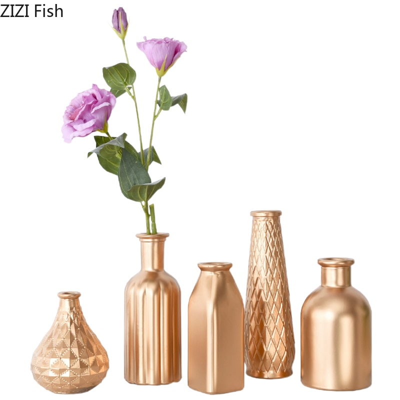 Nordisk enkel vas i gyllene glas torkade blommor blommor införda prydnadsföremål sovrum vardagsrum butik dekoration ornament