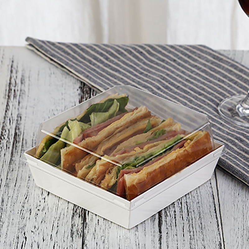 Engångsmacka kartong brödlåda puffar genomskinligt lock förpackningslåda bageri snacks förpackningslåda snabbmatslåda take away