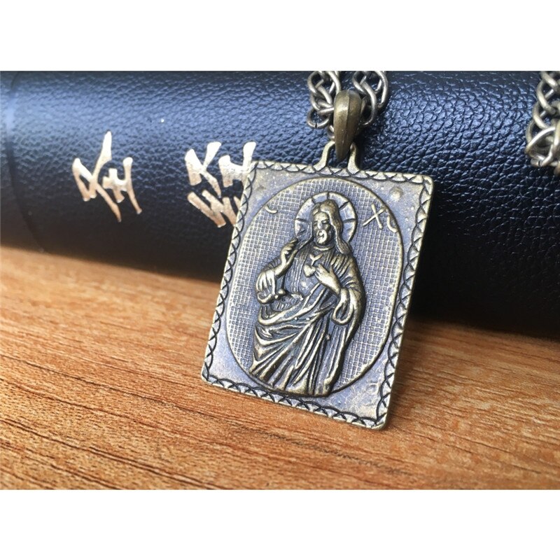 Retro Brons Gesneden Jezus Heilig Hart Pictogram Ketting Hanger Katholieke Christelijke Religieuze Sieraden Imagenes Religiosas