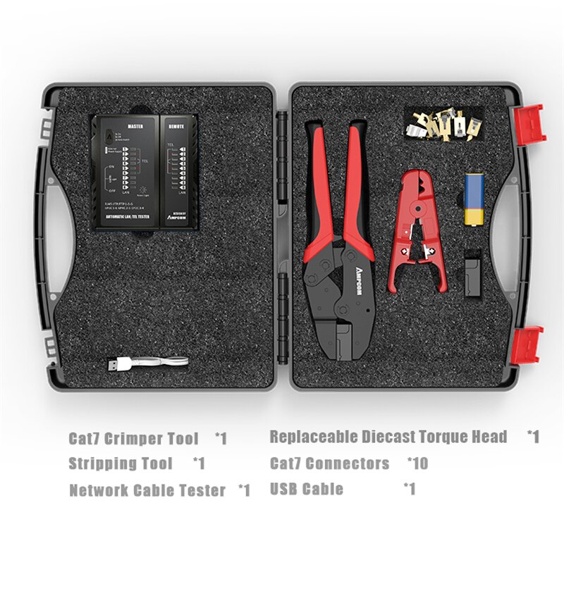 AMPCOM-Kit de herramientas de red RJ45, crimpadora Cat7, 10 conectores Cat7, probador de Cable de red, herramienta de pelado