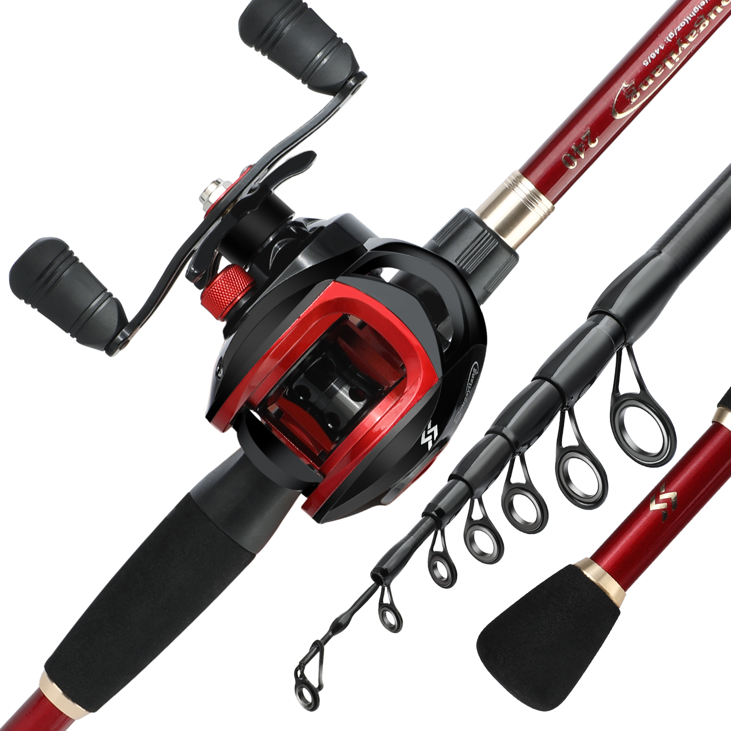 Sougayilang Casting Angelrute und Baitcastingrolle Set Teleskop Hohe Carbon Stange 18 + 1BB Doppel Griff Angeln Reel: red / 1.8M and Right hand