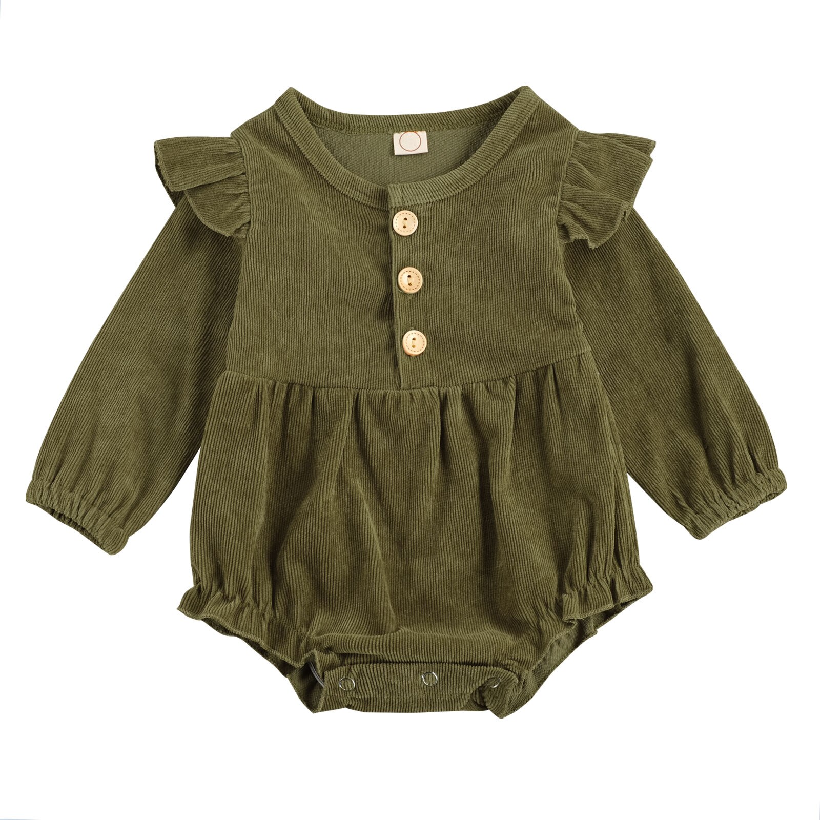 Focusnorm Herfst Mooie Baby Meisjes Jongens Bodysuits Knop Lange Mouwen Ruches Effen Jumpsuits 3 Kleuren: green / 24M