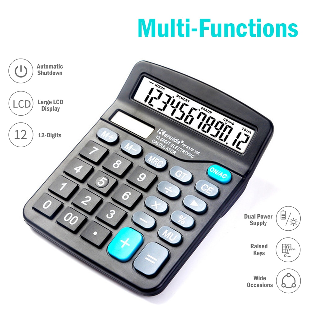 Desktop Electronic Calculator Standard Function Basic Counter with 12-Digits Large LCD Display Big Buttons Dual Powers Solar