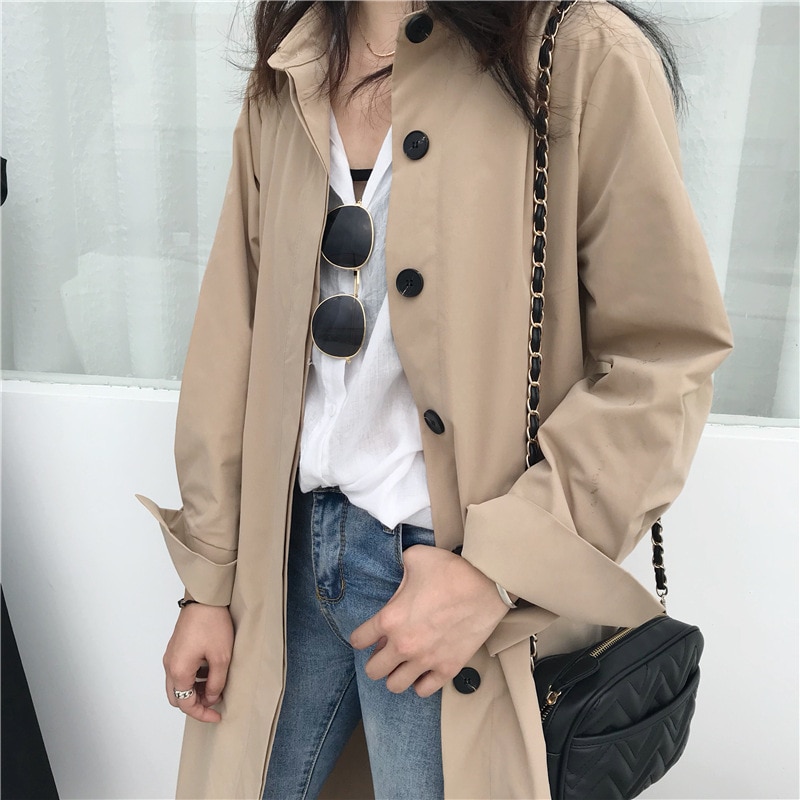 Gabardina coreana para mujer, prendas de vestir exteriores, rompevientos, bata larga holgada, abrigo fino, camisas de manga larga con una botonadura