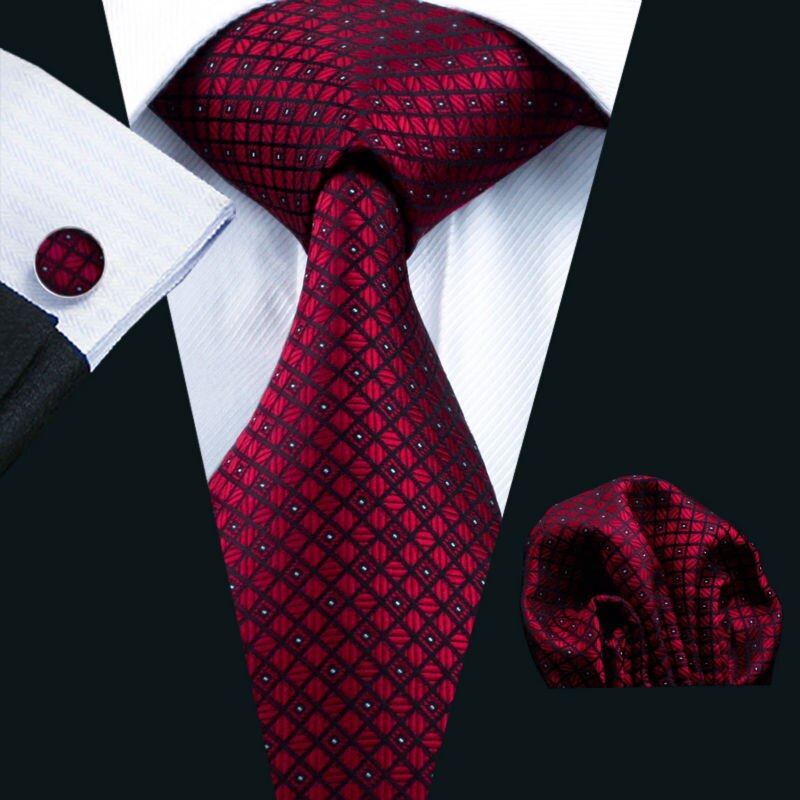 Cravate 100% soie pour hommes, Plaid rouge, Jacquard tissé, ensemble de boutons de manchette, cravate de cou, fête d&#39;affaires