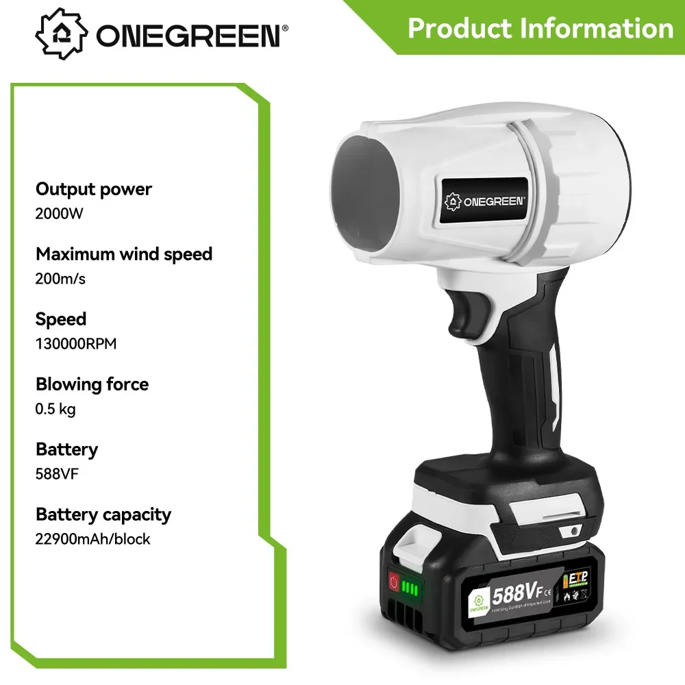 ONEGREEN 2000 W elektrischer Turbogebläse, Strahlventilator, 200 m/s, Handluftgebläse, heftiges Blaswerkzeug für 21 V 18 V Batterie