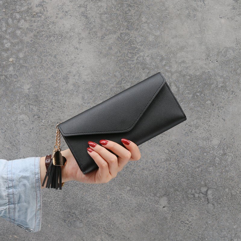 Women Leather Simple Long Wallet Tassel Coin Purse Card Holders Multi-card Position Female Wallet Portefeuille Femme: black