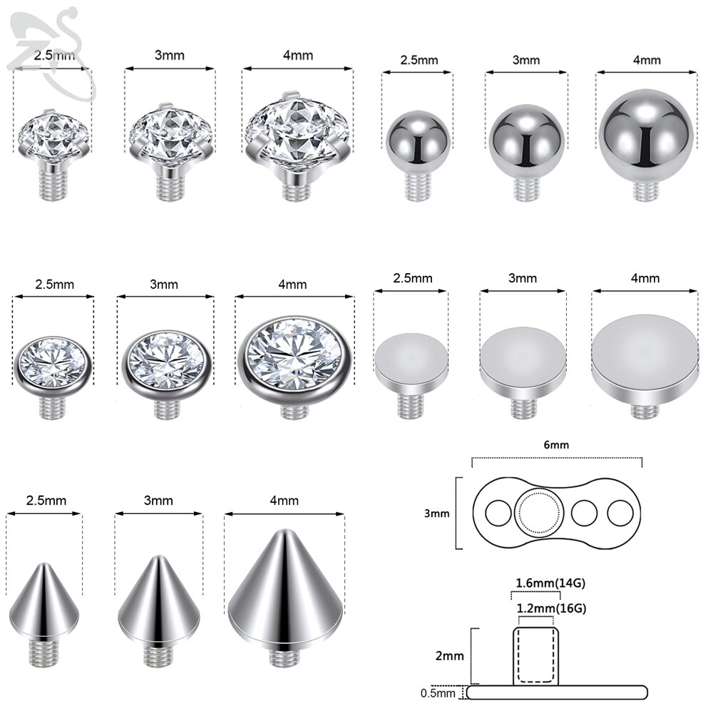 ZS 14/15pcs Micro Dermal Piercing Set Titanium CZ Crystal Dermal Anchor Surface Piercings Top Skin Diver Bases Sexy Body Jewelry