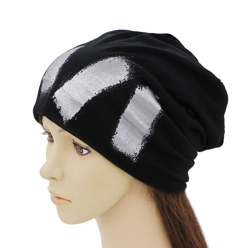GZHILOVINGL-gorro fino de algodón para mujer, gorro con pintura plateada, Hip Hop, metálico, para otoño e invierno,: Negro