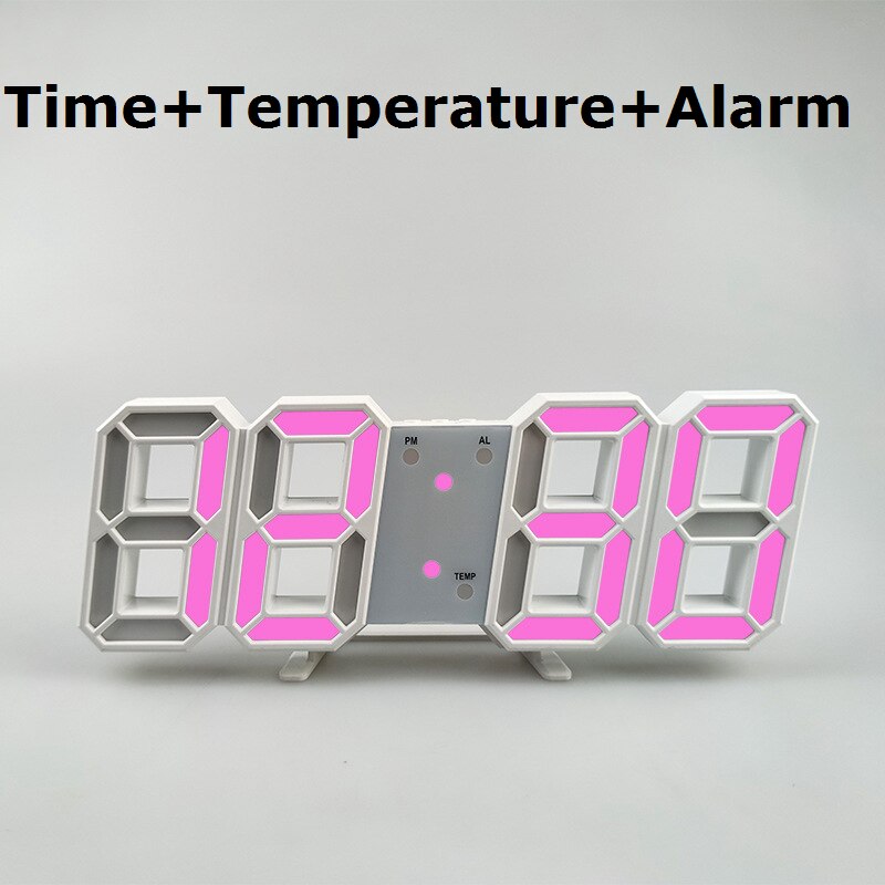 3D horloge moderne numérique 12/24 heure affichage de l'heure mur LED horloge LED rétro-éclairage support de température ou suspendus alarmes pour chambre à coucher: White Shell Pink