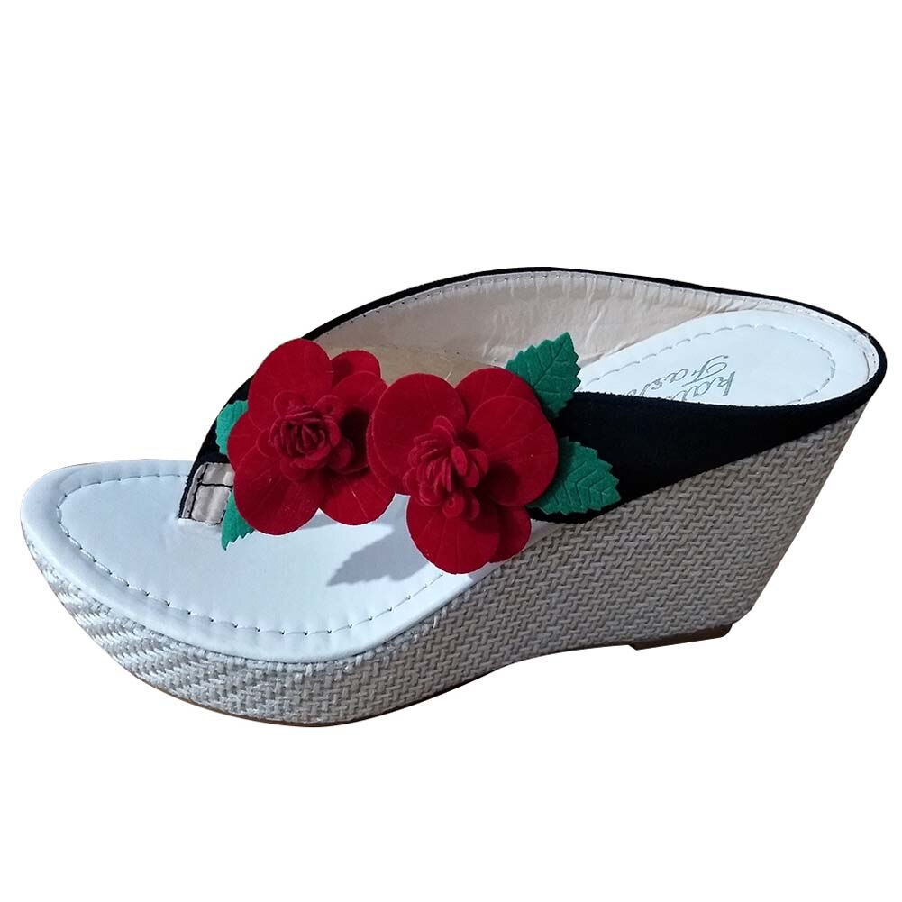 Karinluna Fashionable Lady Shoes Brand Flower Platform Wedges Heels Summer Slippers Big Size 40 Outside: Black / 5