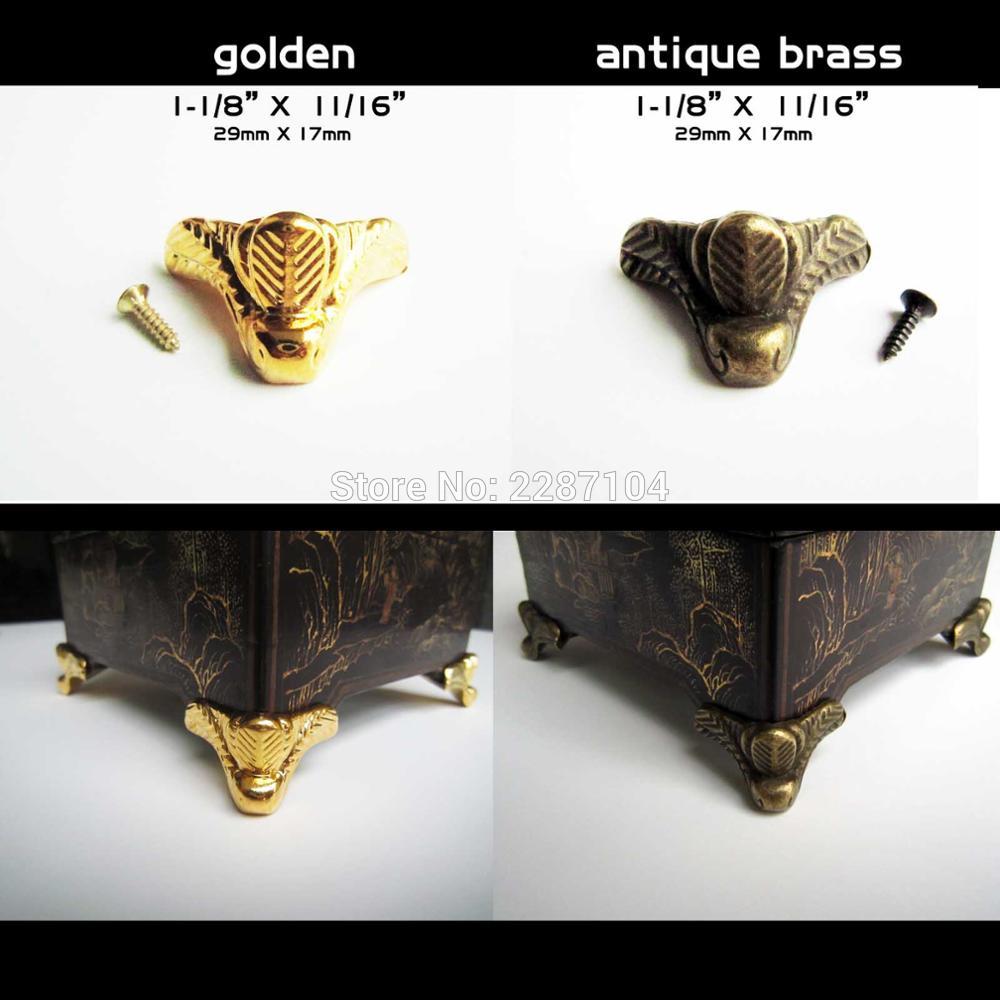4 Stuks Brand Mini Decoratieve Antieke Messing Gouden Metalen Sieraden Borst Box Houten Case Voeten Been Hoek Protector 29x17mm