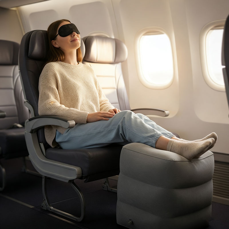 1pc Three-Layer Flocked Pvc Inflatable Footstool Adjustable Portable Ergonomic Footrest Pillow for Train Plane Air Cushion