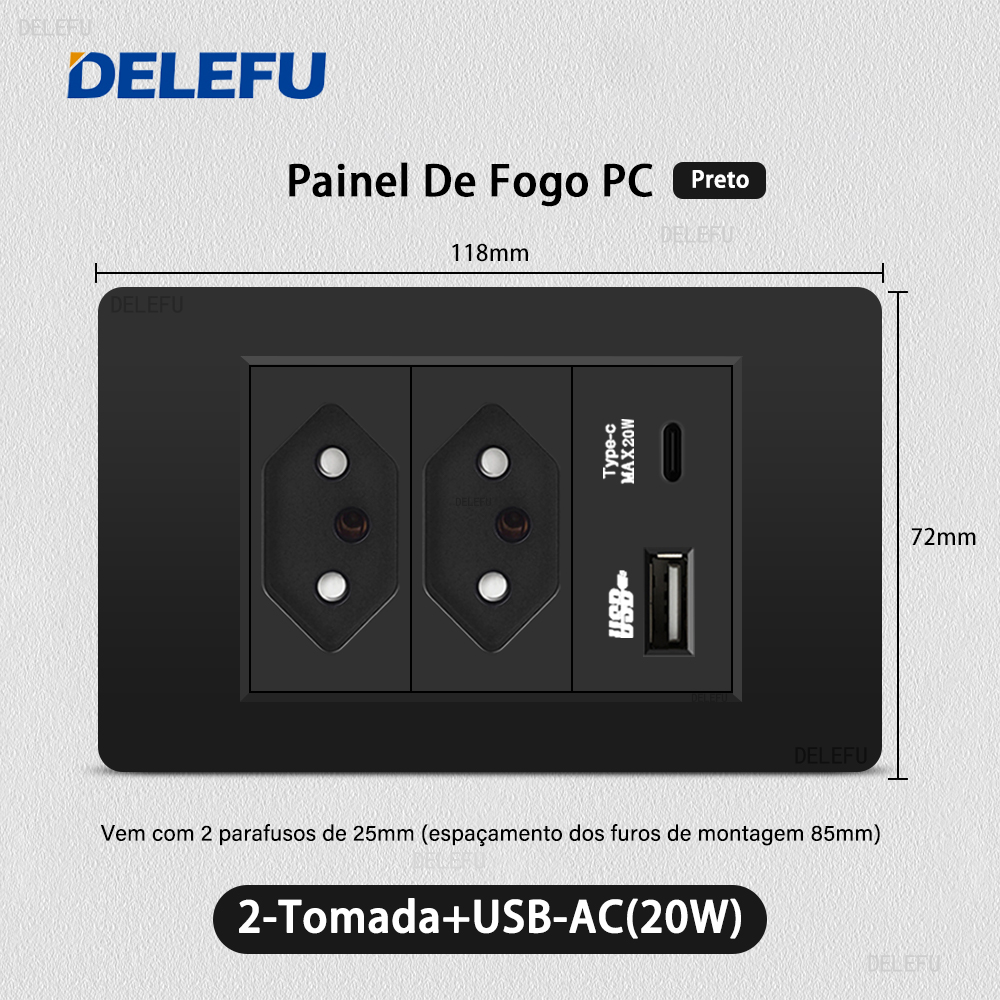 DELEFU Panel de PC ignífugo doble USB tipo C carga Brasil salida estándar interruptor de luz de pared negro enchufe eléctrico 10A 20A