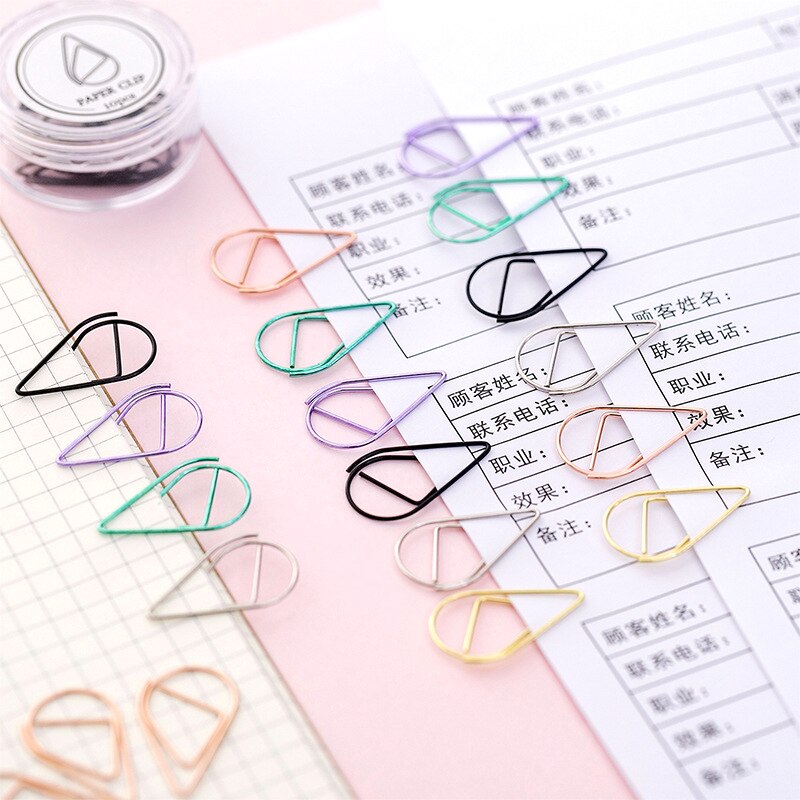10 st/lot färgglada gem mini vattendroppsformade metallpärmar 2.5 x 1.5 cm storlek bullet s journal dekorationslåda packad