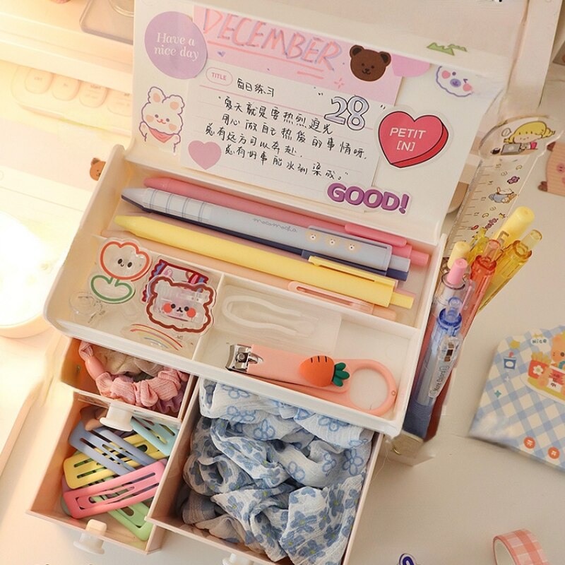 Caja de almacenamiento Kawaii para escritorio, cajón de plástico para bolígrafos, organizador de cosméticos para estudiantes, contenedor para el hogar, de pegatinas