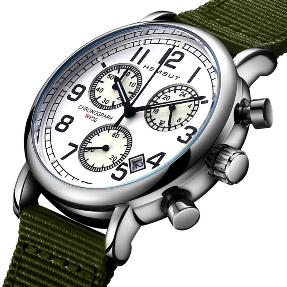 Hemsut, reloj deportivo de para hombre, relojes de pulsera luminosos de cuarzo con cronógrafo, correa de lona verde, reloj masculino