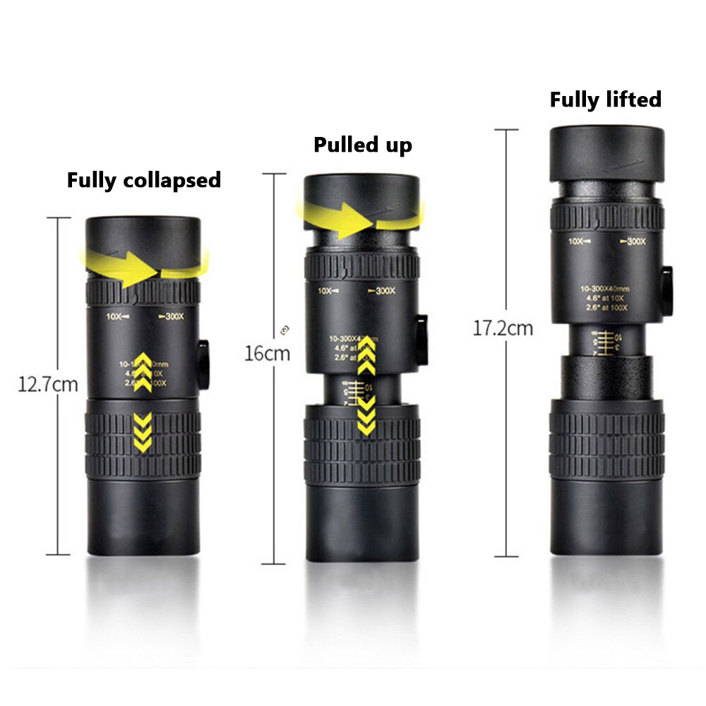 10-300*40 Monocular Telescope Zoom High Magnification Foldable BAK4 Retractable Rainproof Optics Handheld Portable for Huntin