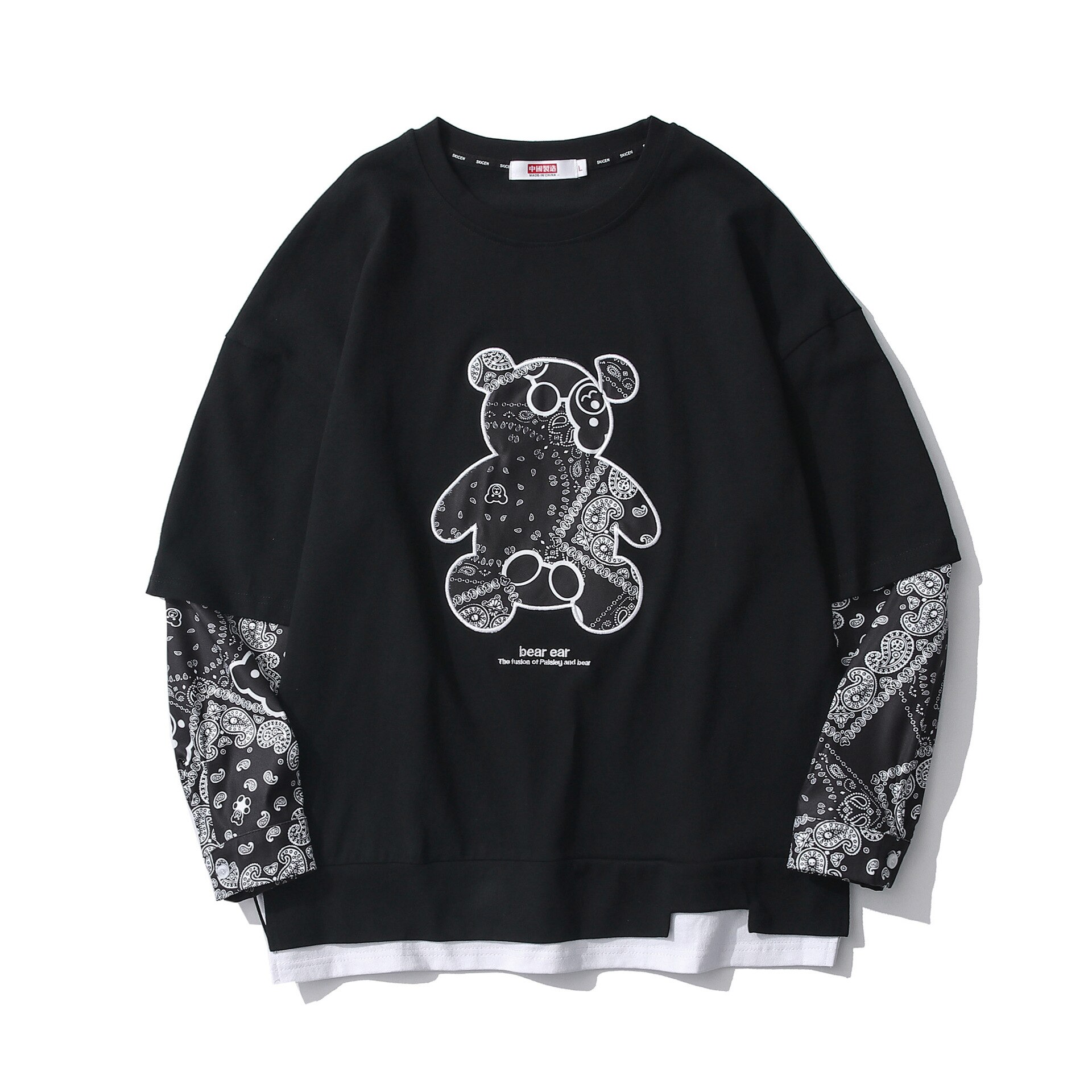 Tide Brand Cashew Flower Bear Japanese Full Sleeved T-Shirt for Men and Women Style Casual Long-Sleeved Couple Tees: Black / 185cm 87kg XXL