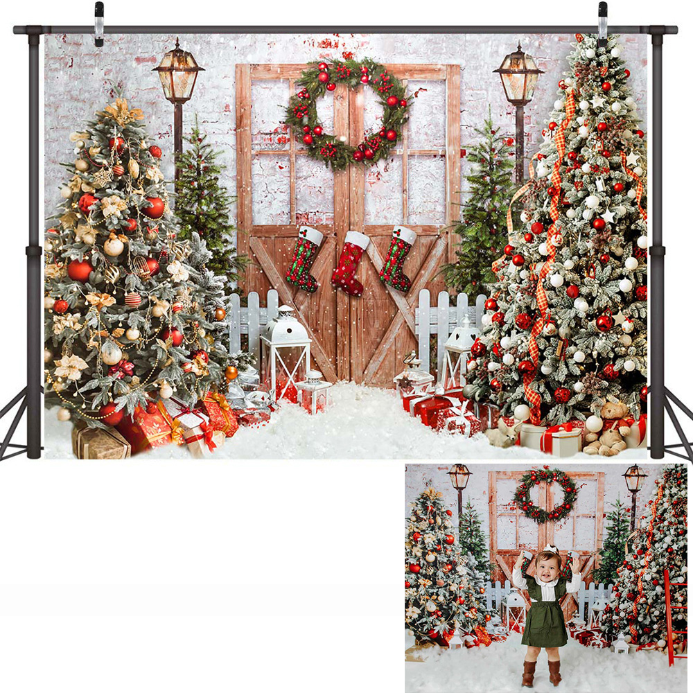 Christmas Background for Photography Snow Toys Rustic Door Winter Family Party Backdrops Decor Portrait Photo Studio Props: 150*150