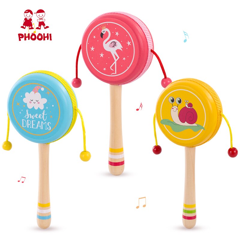 Holz Hand Baby Rassel Spielzeug Kinder Frühe Pädagogische Hören Spielen Trommel Tier Spielzeug Für Infant PHOOHI