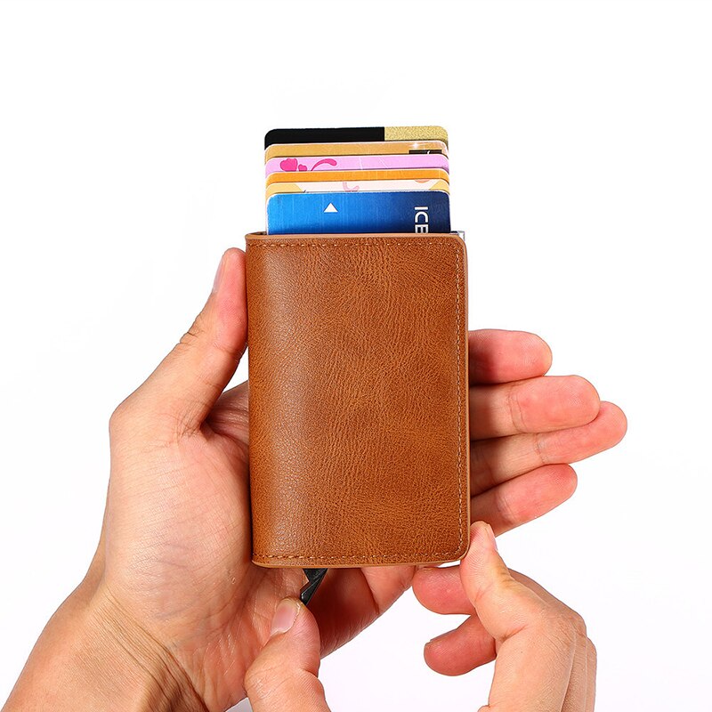 QQD Anti-theft Brush Man Wallet Smart Auto Eject Card Box Purse Business Holder Rfid Wallet Aluminum Metal Credit Card Belt Bag
