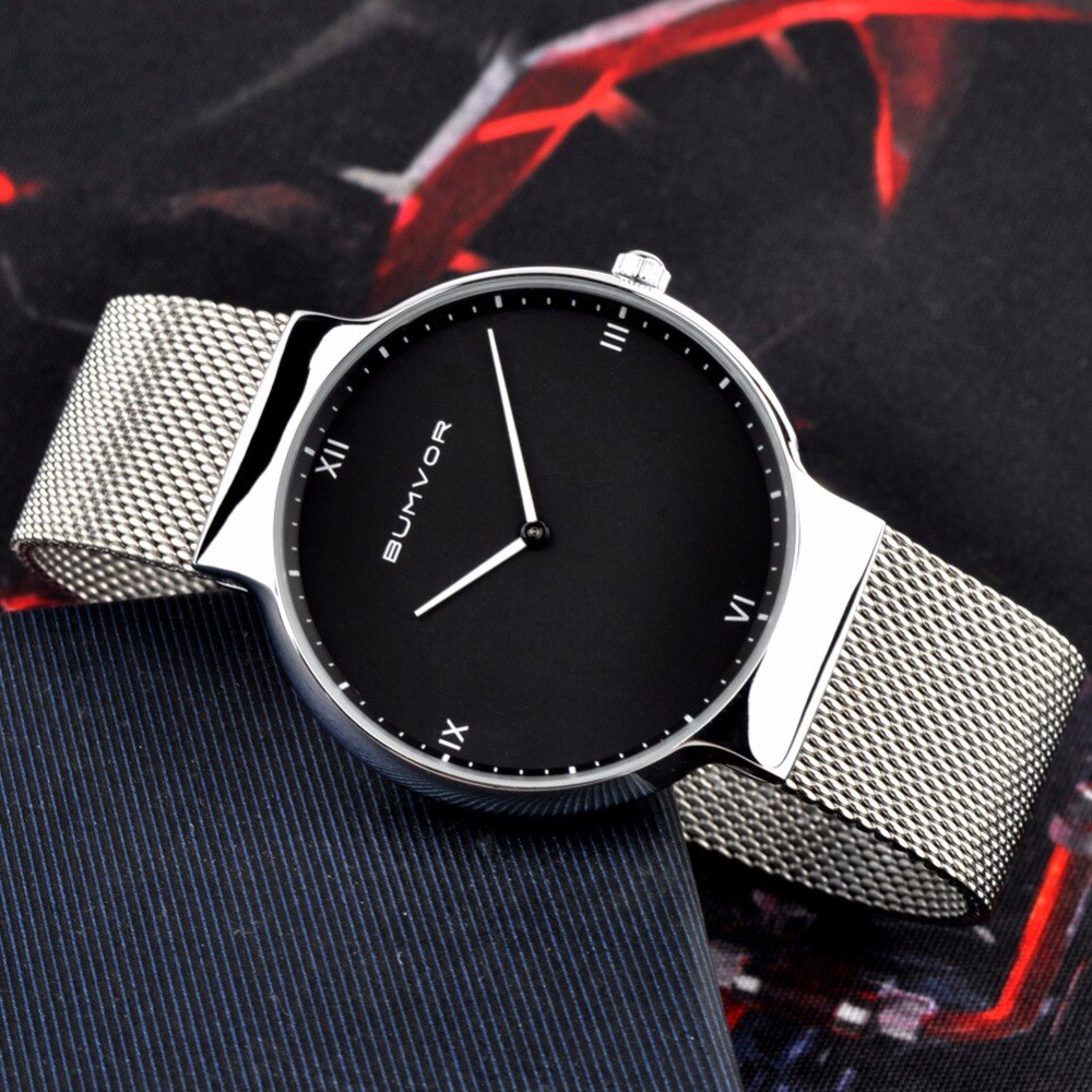 BUMVOR Ultra Dunne Horloges Mannen Quartz Rvs heren Horloges Klok Man Casual Horloges Bering Stijl